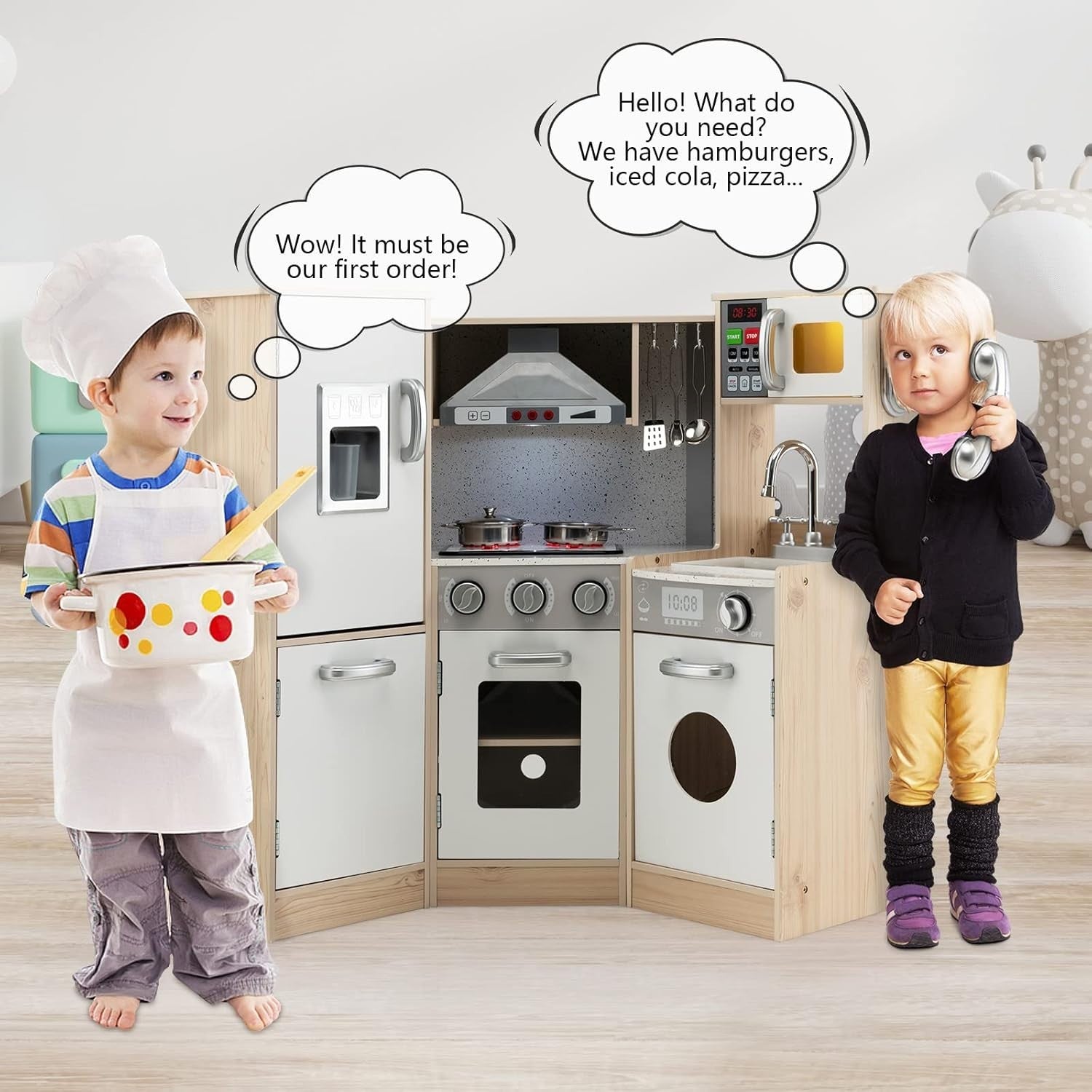 Kids Corner Wooden Play Kitchen Lights Sounds Cooking Toy Playset