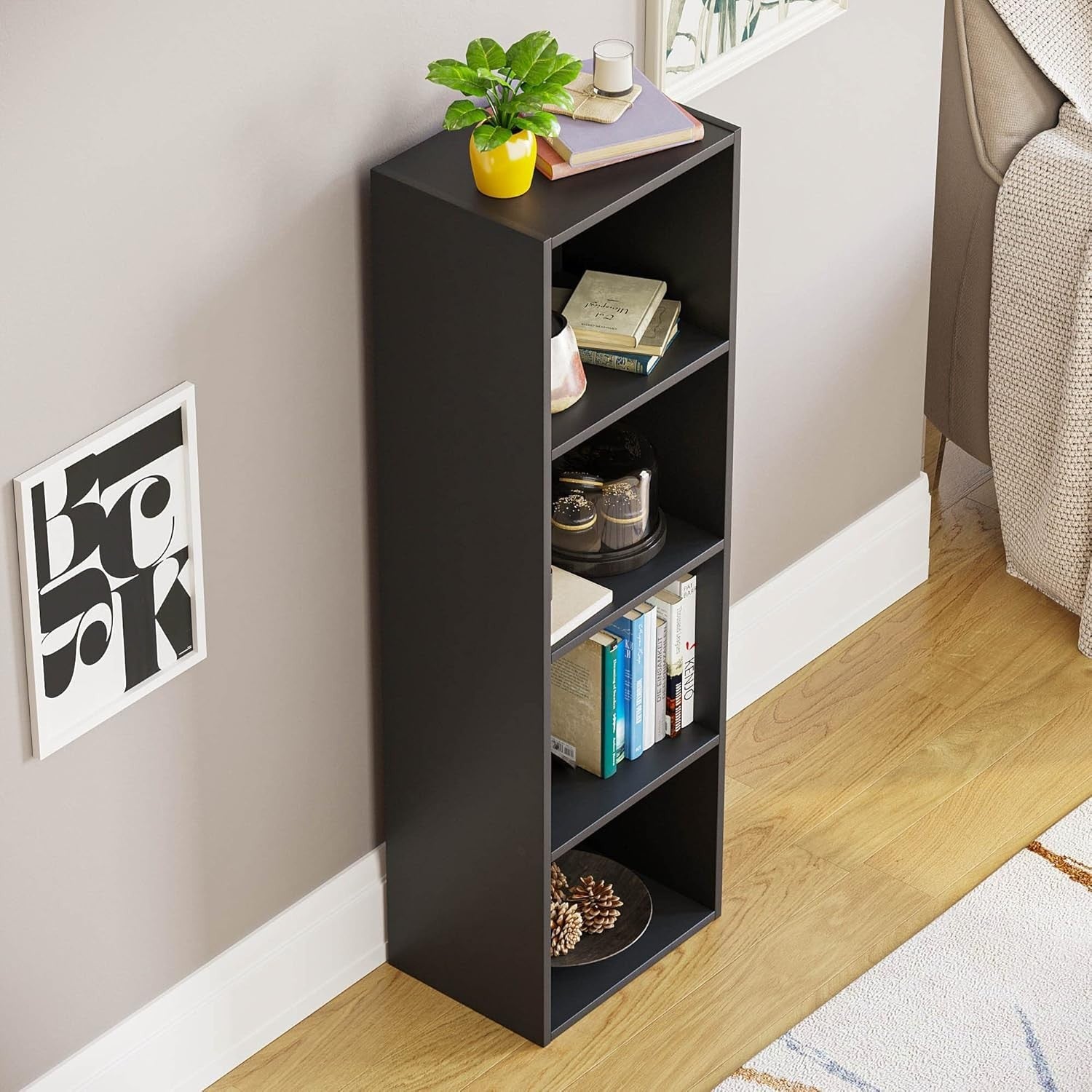 4 Tier Black Wooden Cube Bookcase Small Storage Shelf for Living Room Office