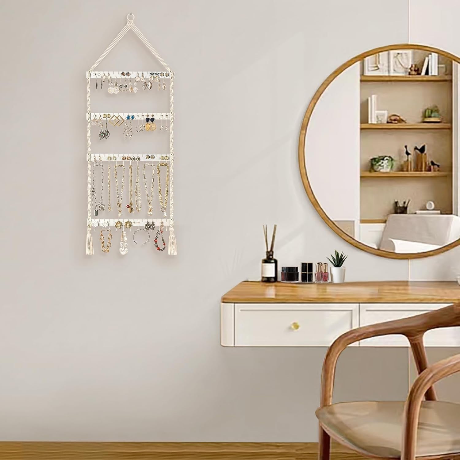 Boho Macrame Jewelry Organizer – Wall Mounted Necklace & Earring Rack