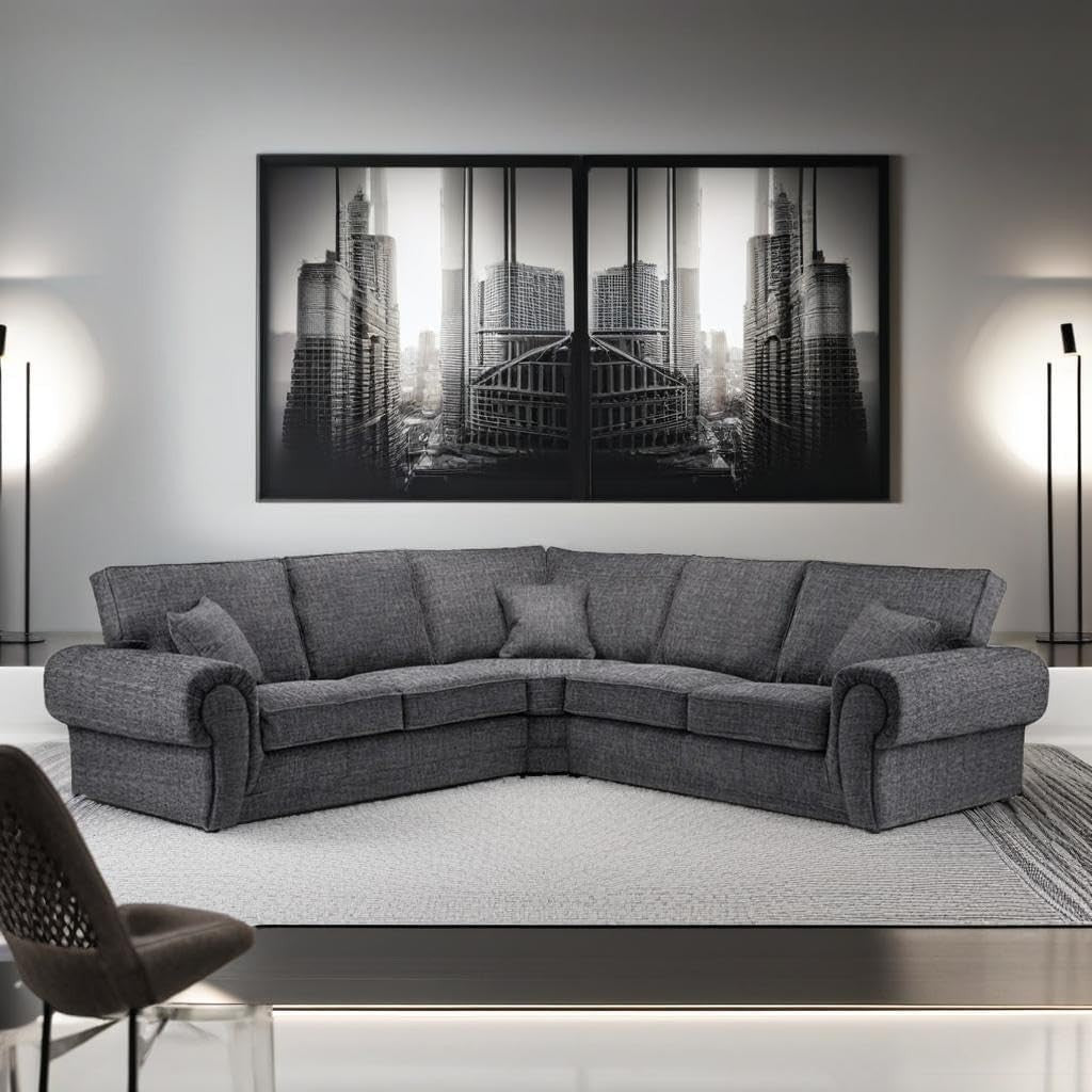 Grey 2C2 Corner Sofa 5 Seater – High Back Chesterfield L Shaped Couch