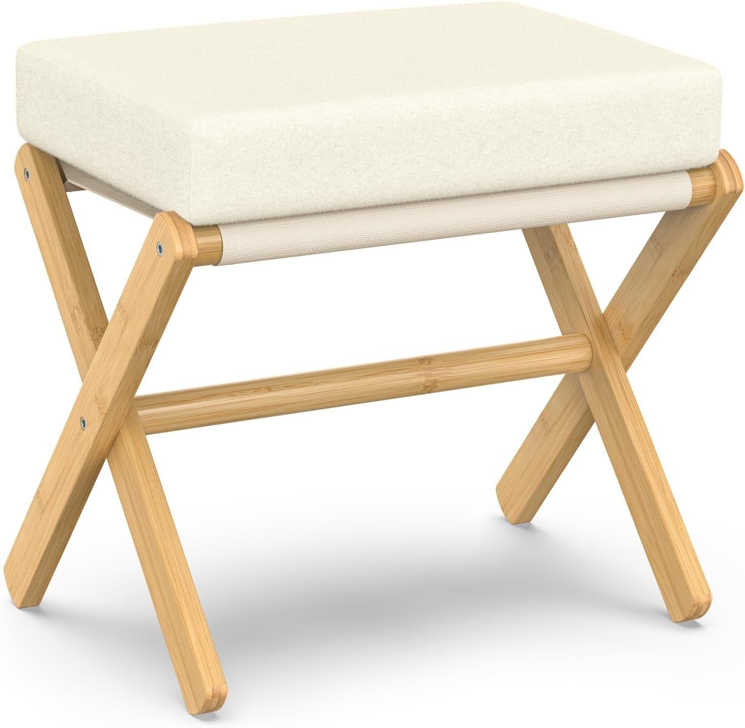 Natural Bamboo Foldable Footstool Ottoman with Beige Chenille Cushion