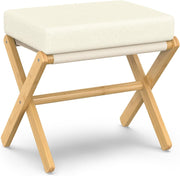 Natural Bamboo Foldable Footstool Ottoman with Beige Chenille Cushion
