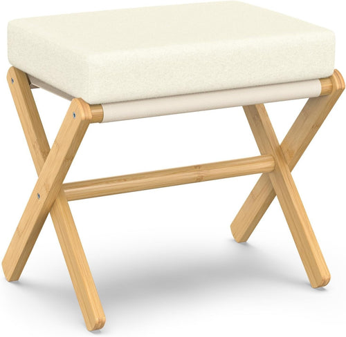 Natural Bamboo Foldable Footstool Ottoman with Beige Chenille Cushion
