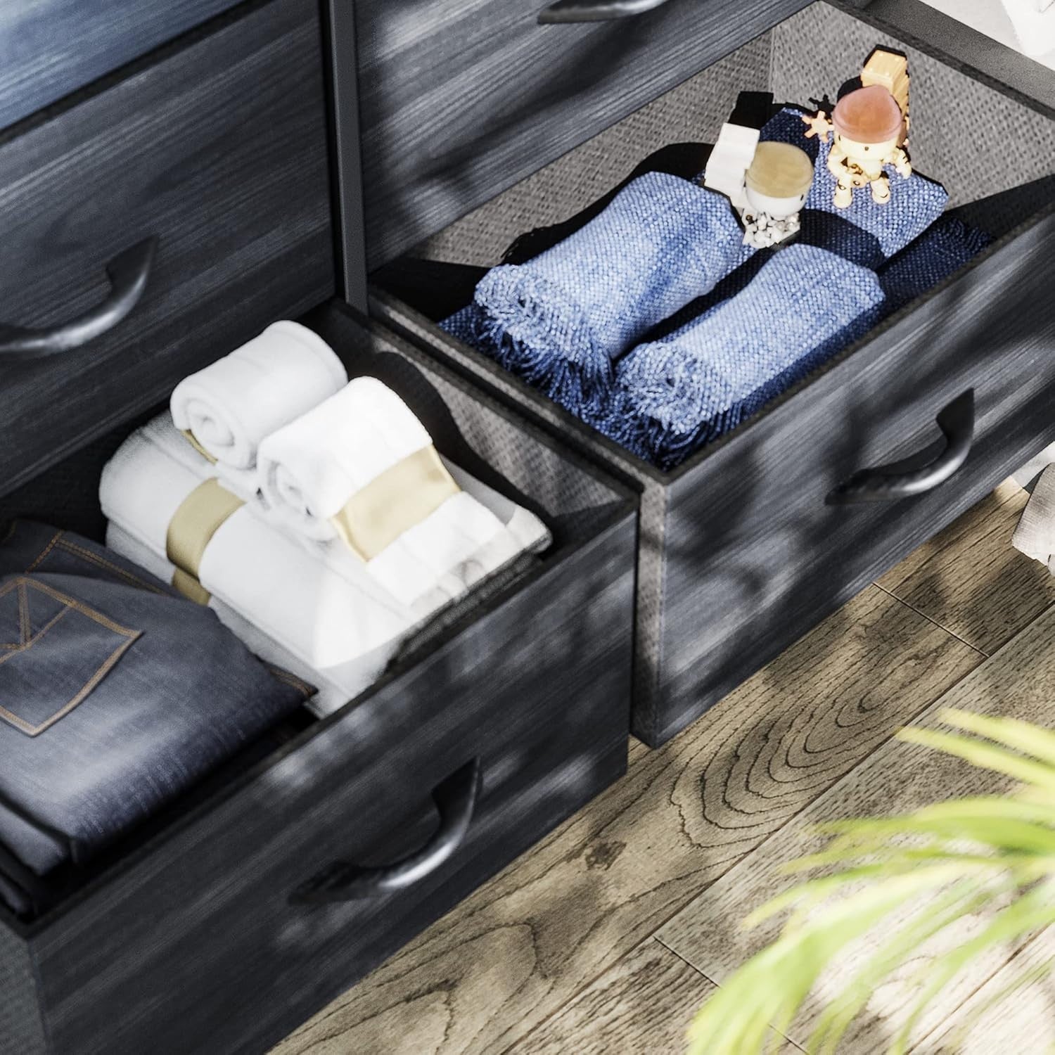 8-Drawer Fabric Dresser Chest | Charcoal Black Wood Grain | Bedroom Storage