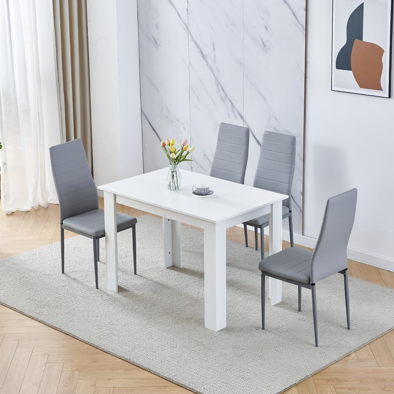 Modern 5-Piece Dining Set White Table Grey Leather Chairs Kitchen Room