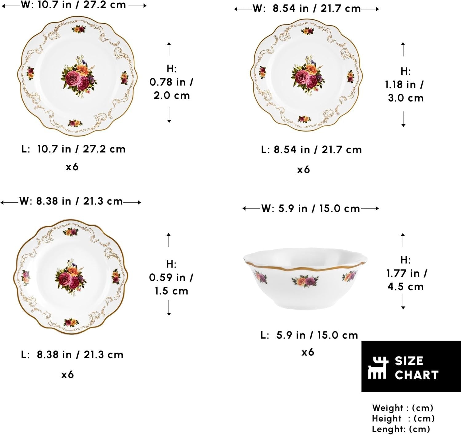 24pc Bone China Dinner Set Floral Plates Bowls Vintage Style for 6