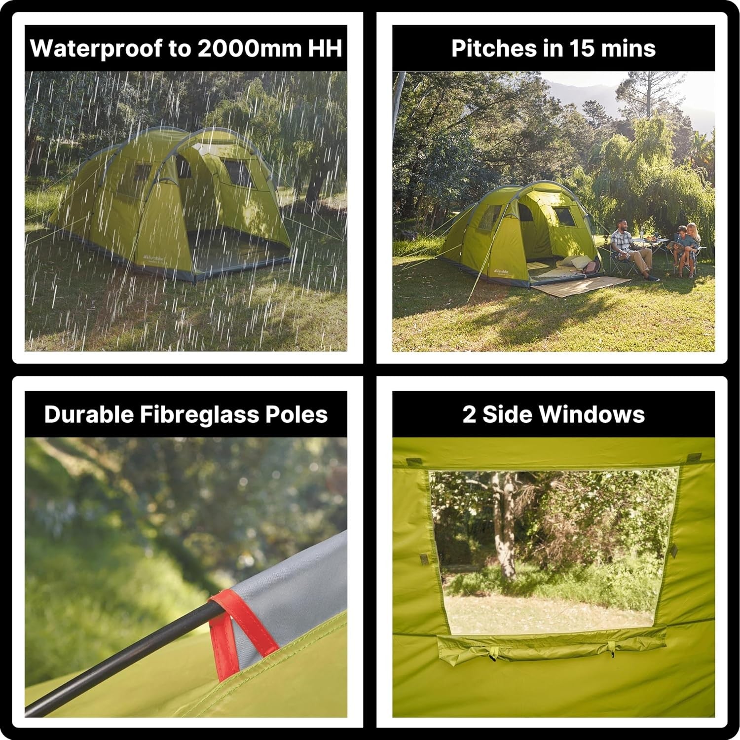 4 Man Family Camping Tent with Porch 2000mm Waterproof