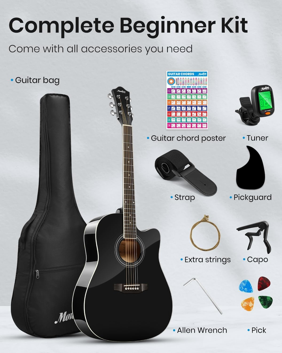 41in Cutaway Acoustic Guitar Starter Kit Full Size Black