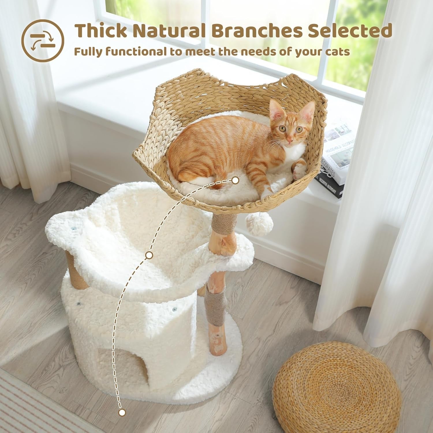 Modern Cat Tree 102cm Solid Wood Scratching Wicker Basket Condo Indoor