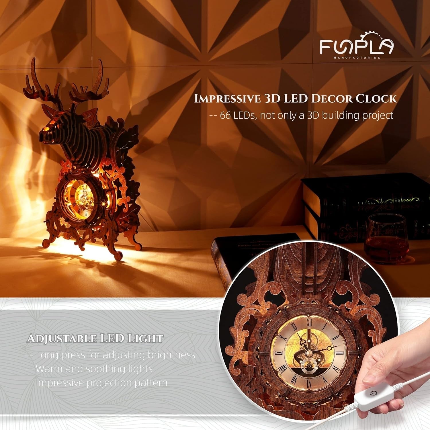 3D Wooden Elk Clock Puzzle with LED Light, DIY Home Decor Gift