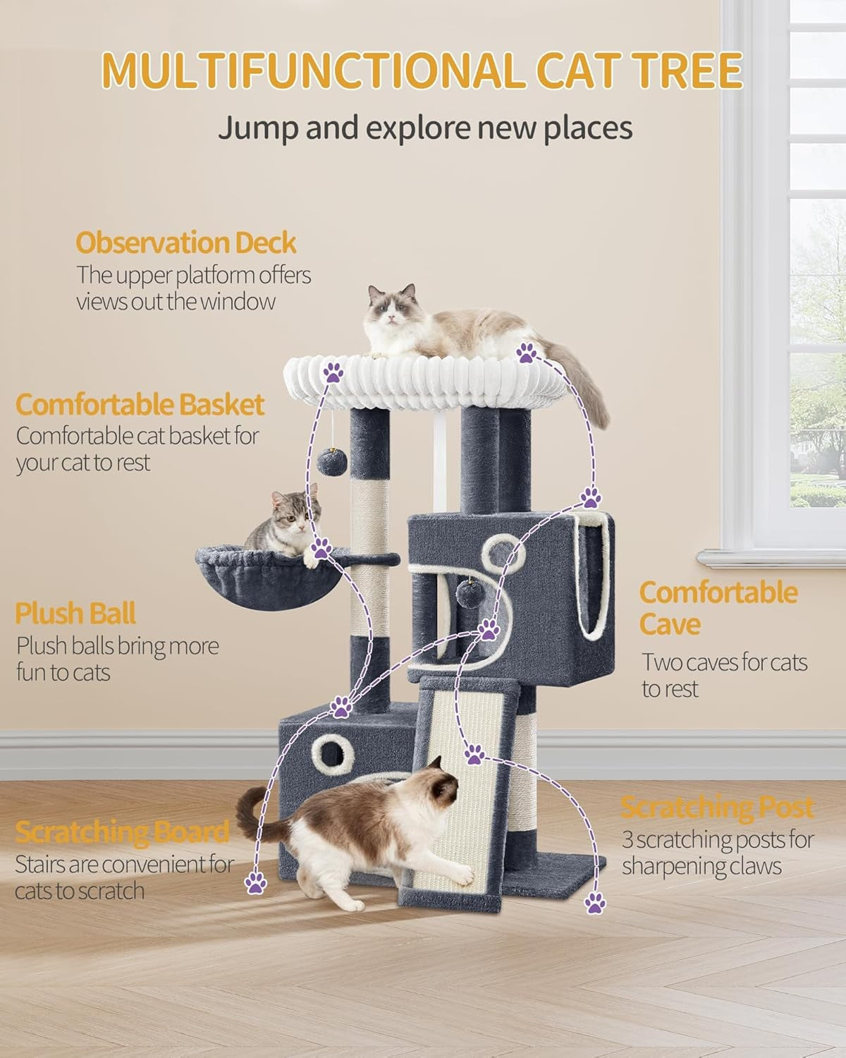 Cat Tree Tower Indoor Multi Level Scratching Post Condo Play Centre 98cm