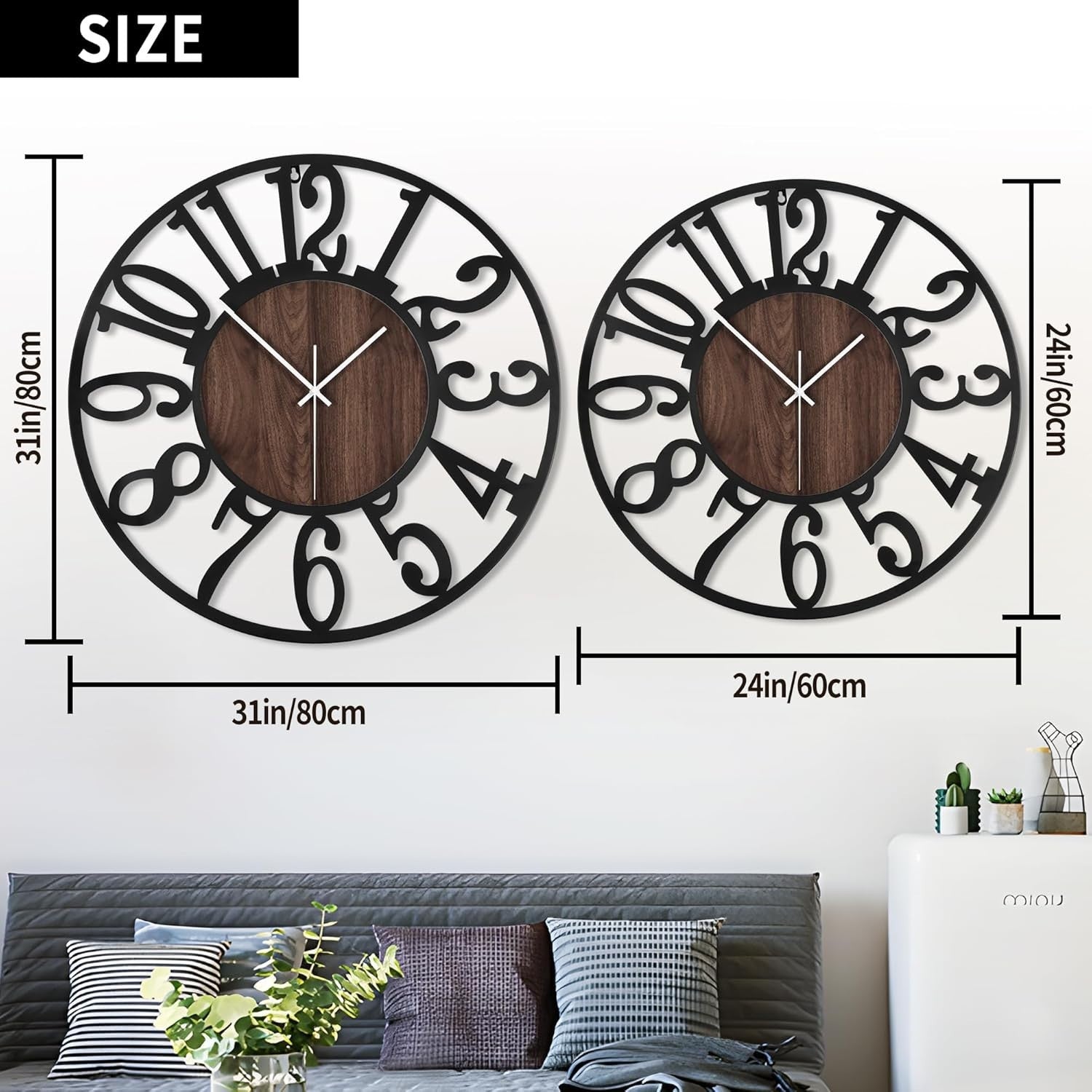 80cm Large Wall Clock Silent Black Arabic Wood Retro Loft Office Decor