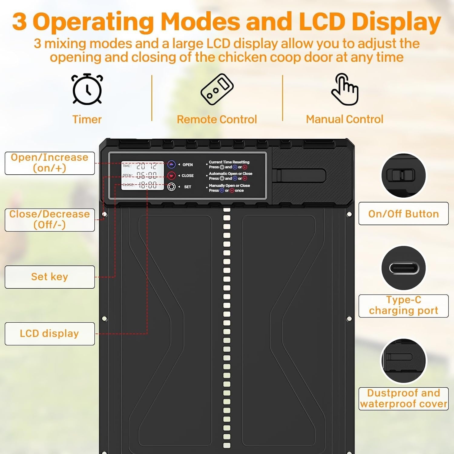Solar Automatic Chicken Coop Door Timer Remote LCD Waterproof