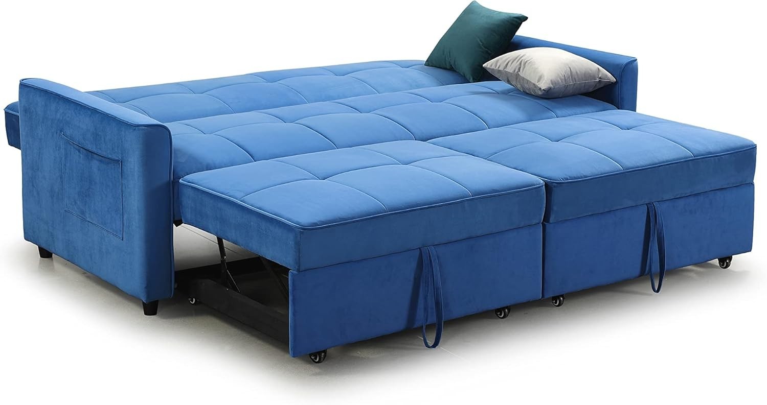 Blue Velvet Sofa Bed 3 Seater Pull Out Guest Bed Storage Cushions