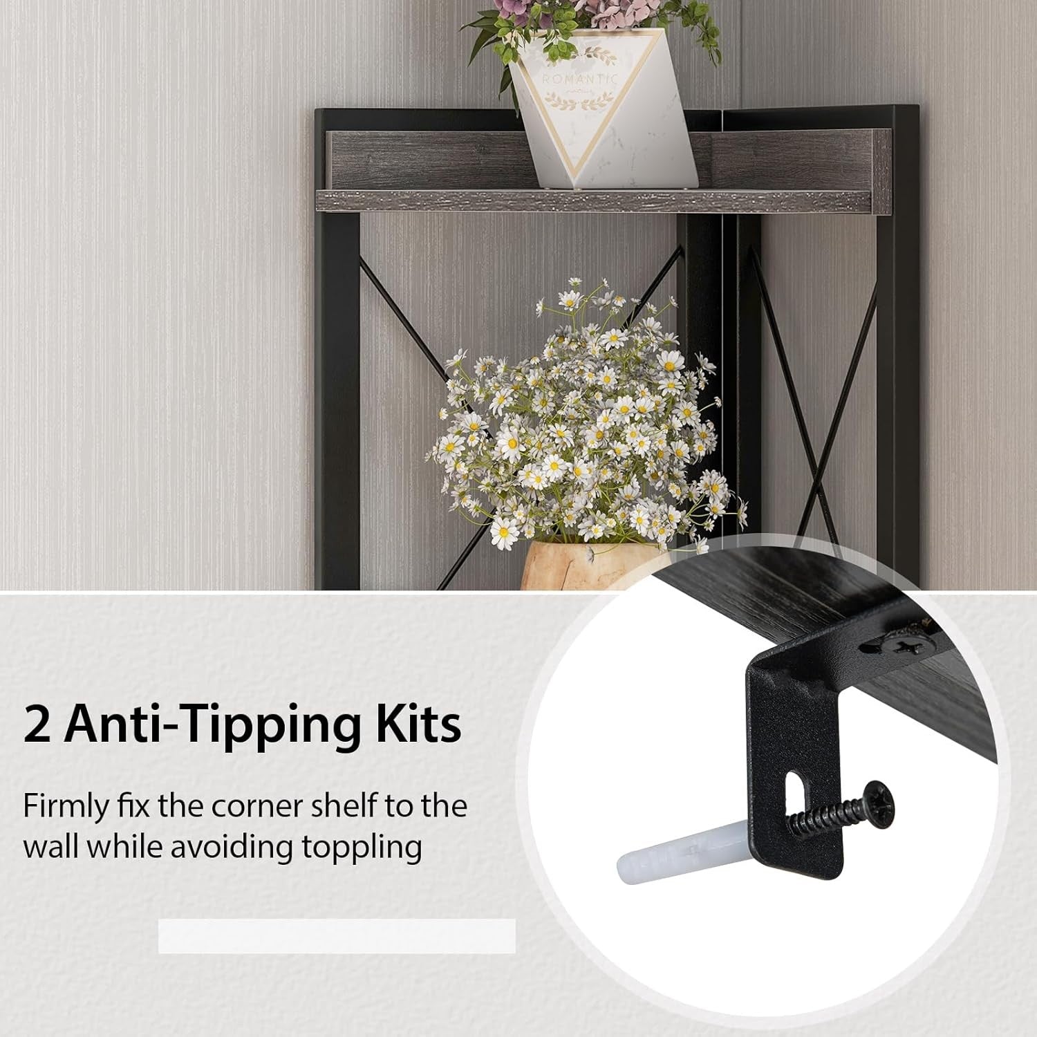 Grey 6-Tier Corner Bookcase Tall Freestanding Storage Shelf with Cabinet