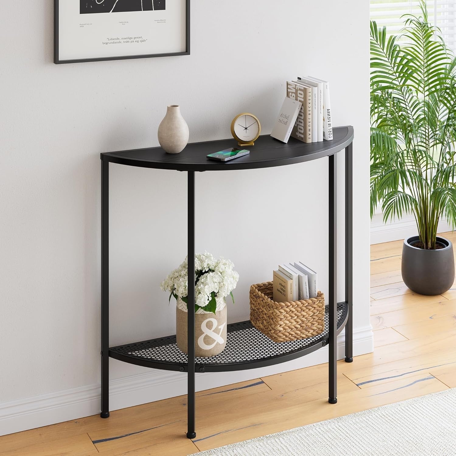 Space-Saving 2-Tier Narrow Entryway Console Table with Metal Semi-Circle Design