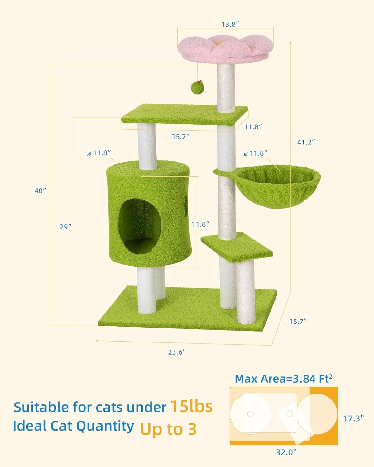 Cute Cat Tree Tower 104cm Scratching Post Condo Hammock for Indoor Cats