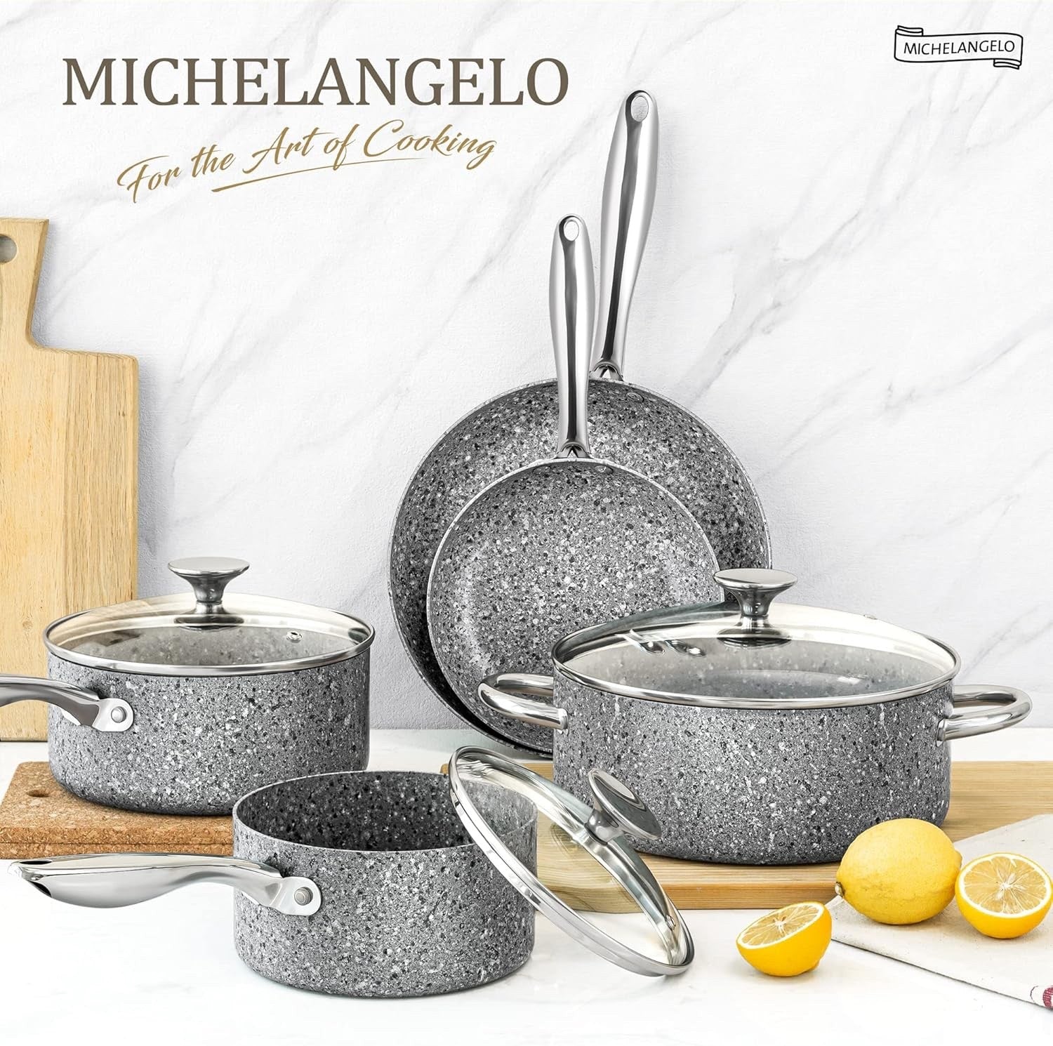 10Pcs Grey Granite Non Stick Cookware Set with Lids Induction Safe Pots & Pans