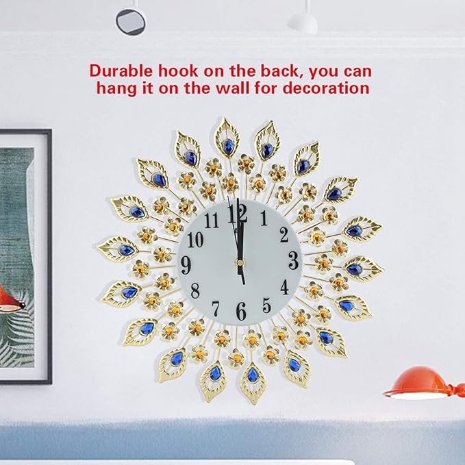 Luxury Peacock Crystal Wall Clock Silent Iron Art Decor 37×37cm Multicolour