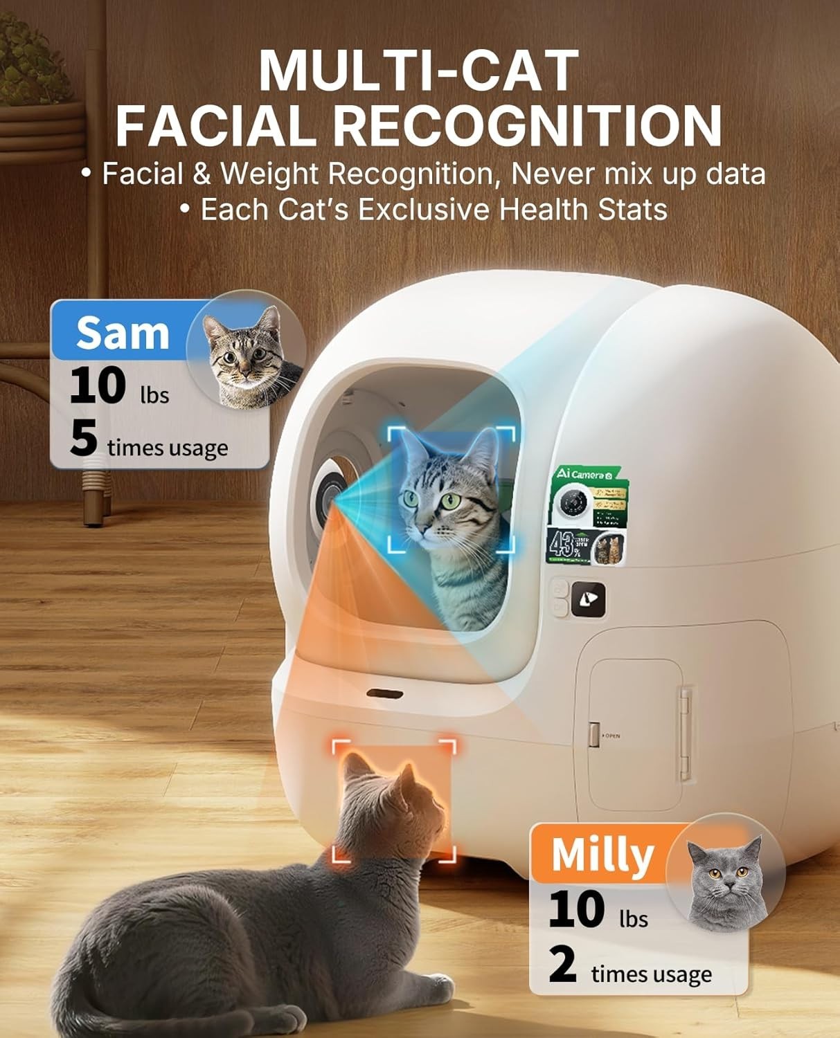 AI Self Cleaning Cat Litter Box Camera App Control 76L Multi Cat