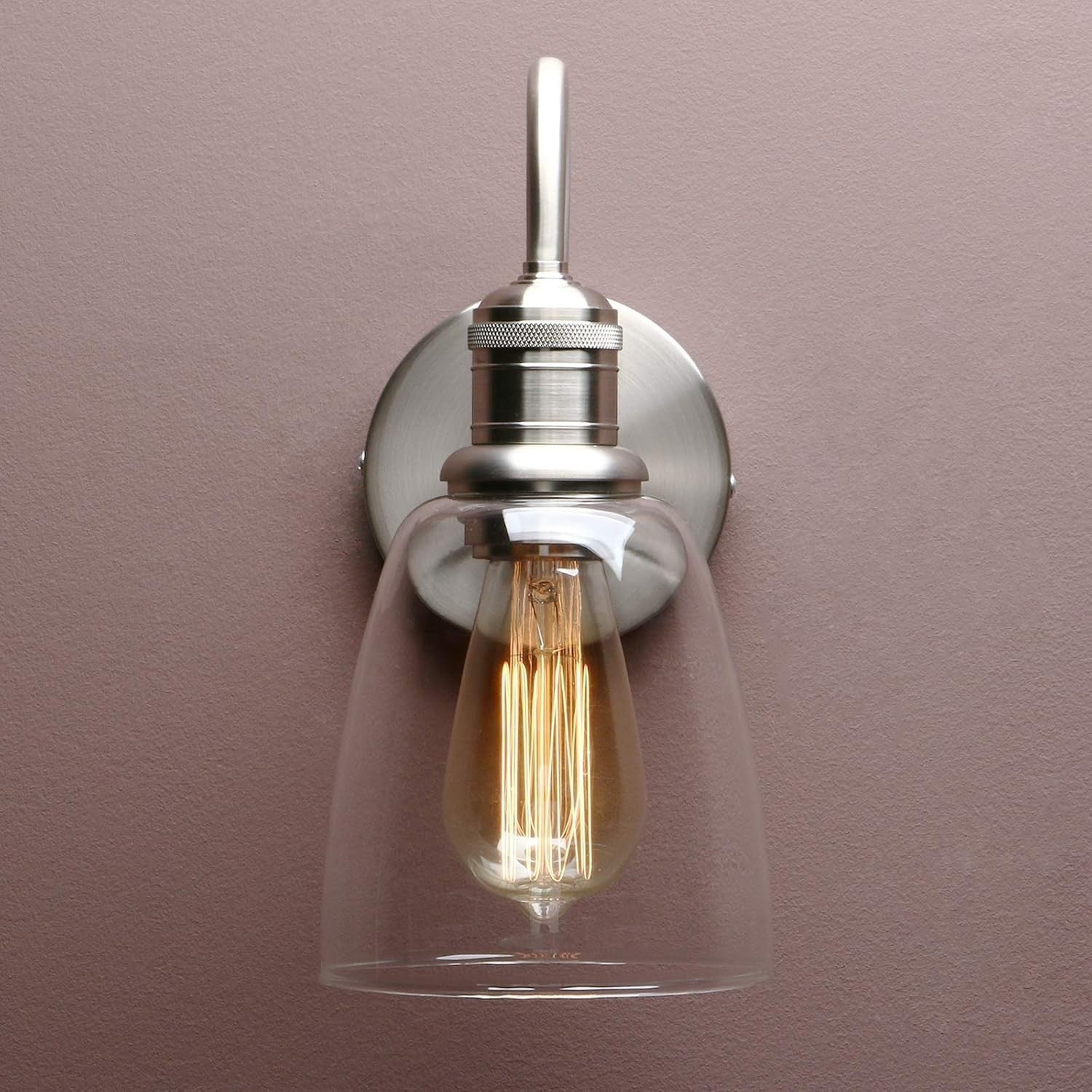 Vintage Industrial Glass Wall Sconce Lights, Clear Shade, Brushed Metal