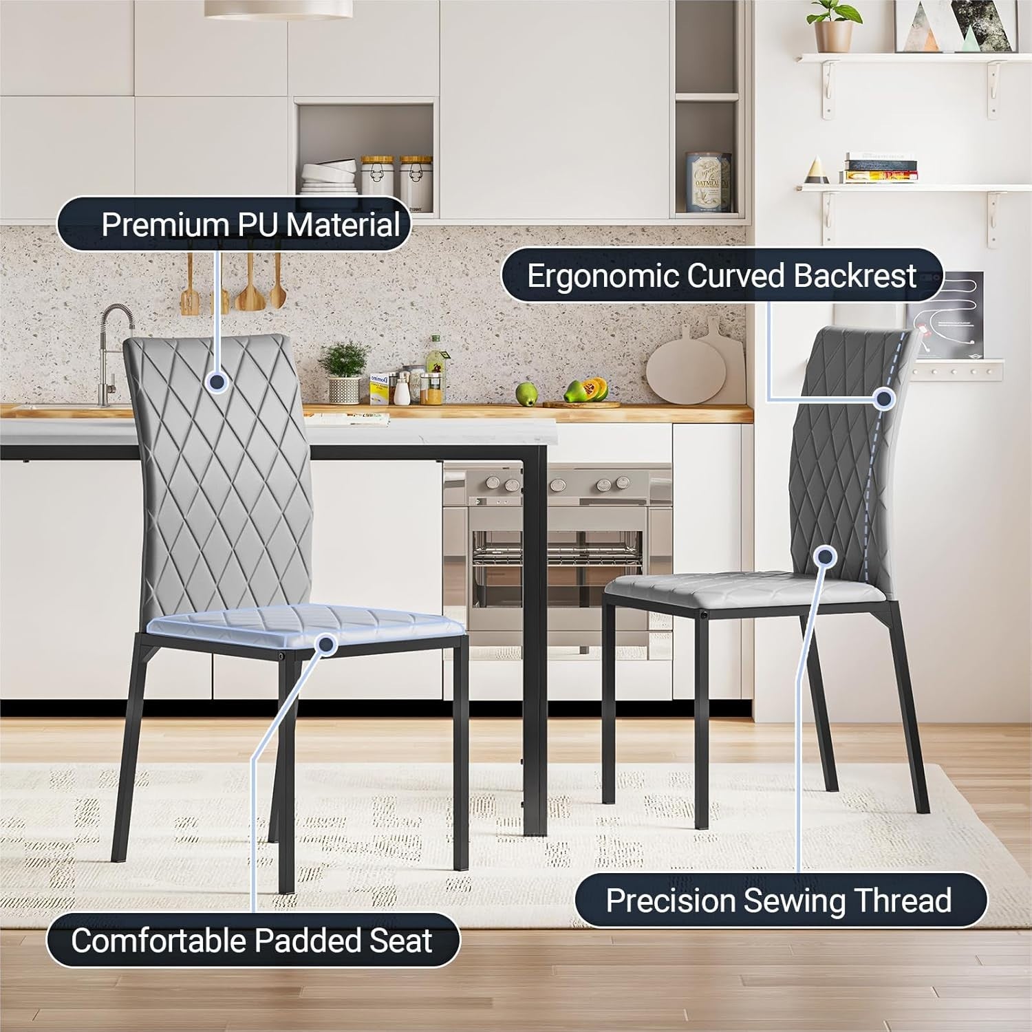 Modern Marble Dining Table Set 4 PU Leather Chairs Grey Kitchen Furniture