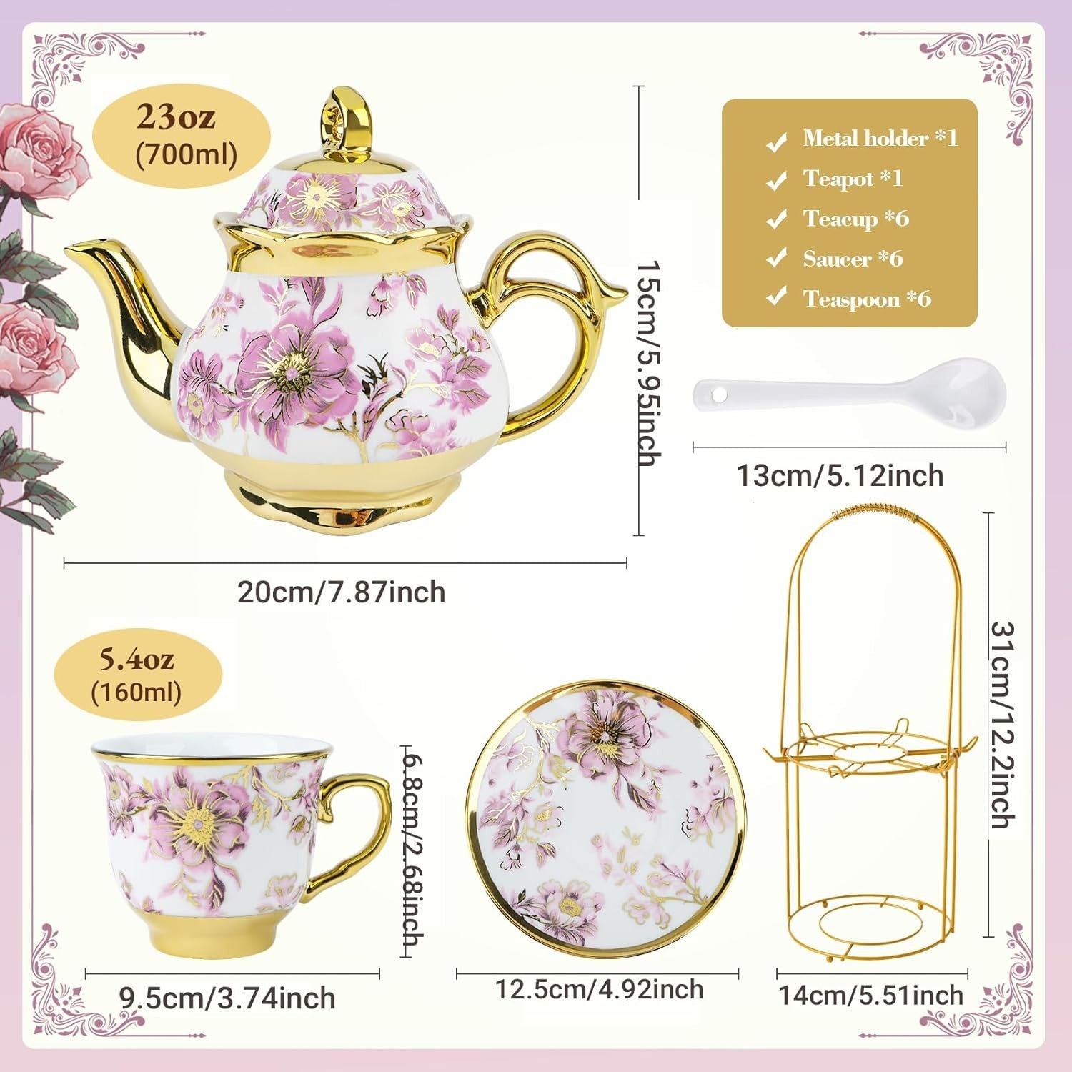 20Pc Purple Porcelain Tea Set Gold Floral Teapot Cups Saucers Stand