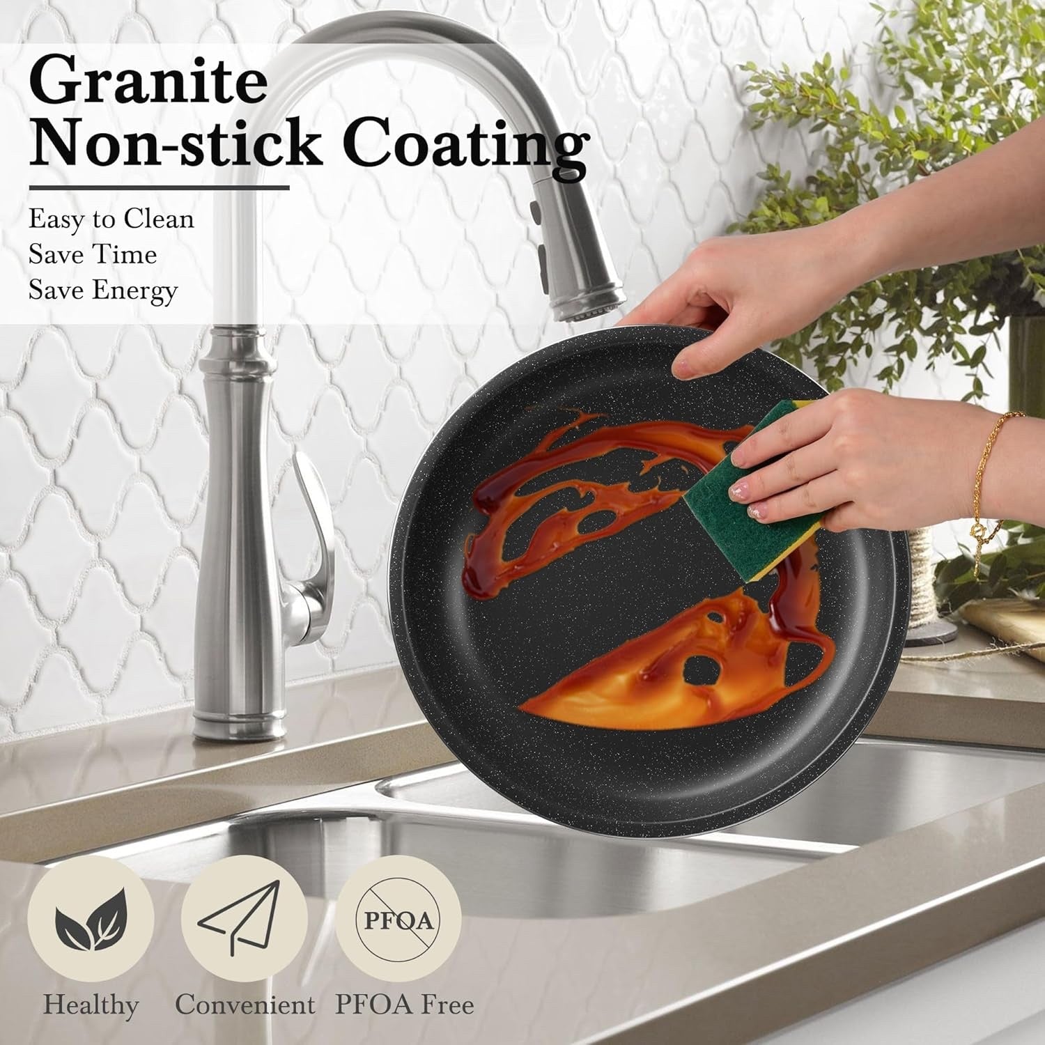 5Pcs Black Pots Pans Set with Glass Lids & Detachable Handle Induction Safe