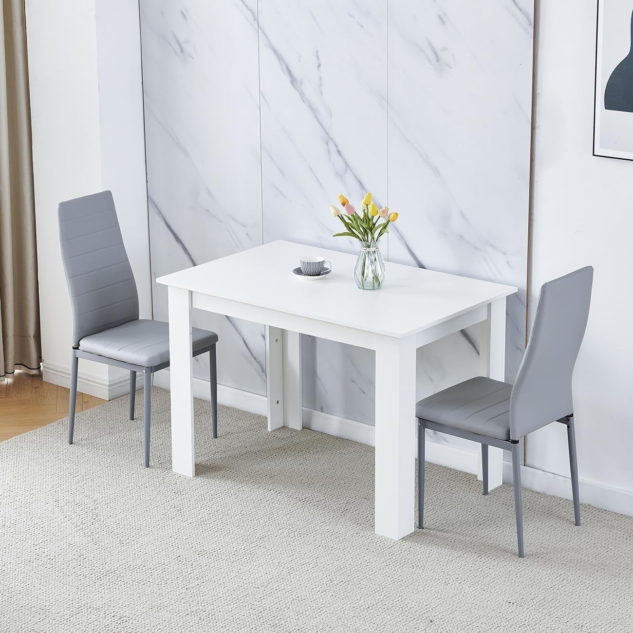Compact White Dining Table Set with 2 Chairs | Space-Saving Kitchen Furniture
