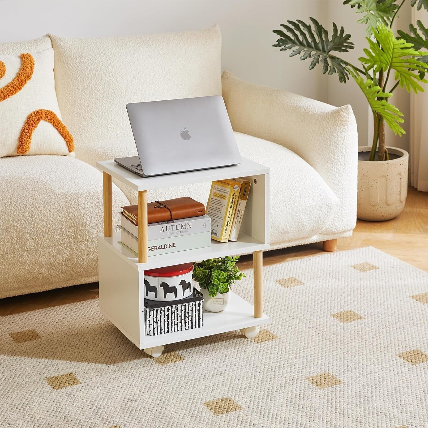 White S-Shaped Side Table with Wheels, 3-Tier Storage & Locking Casters