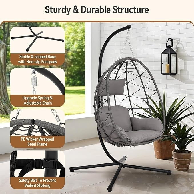 Hanging Egg Chair with Stand Rattan Swing Seat Cushion Indoor Outdoor Patio