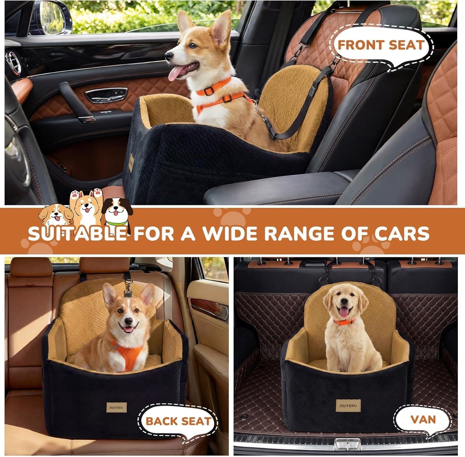 Dog Booster Car Seat Waterproof Washable Travel Bed 40lb Black Brown