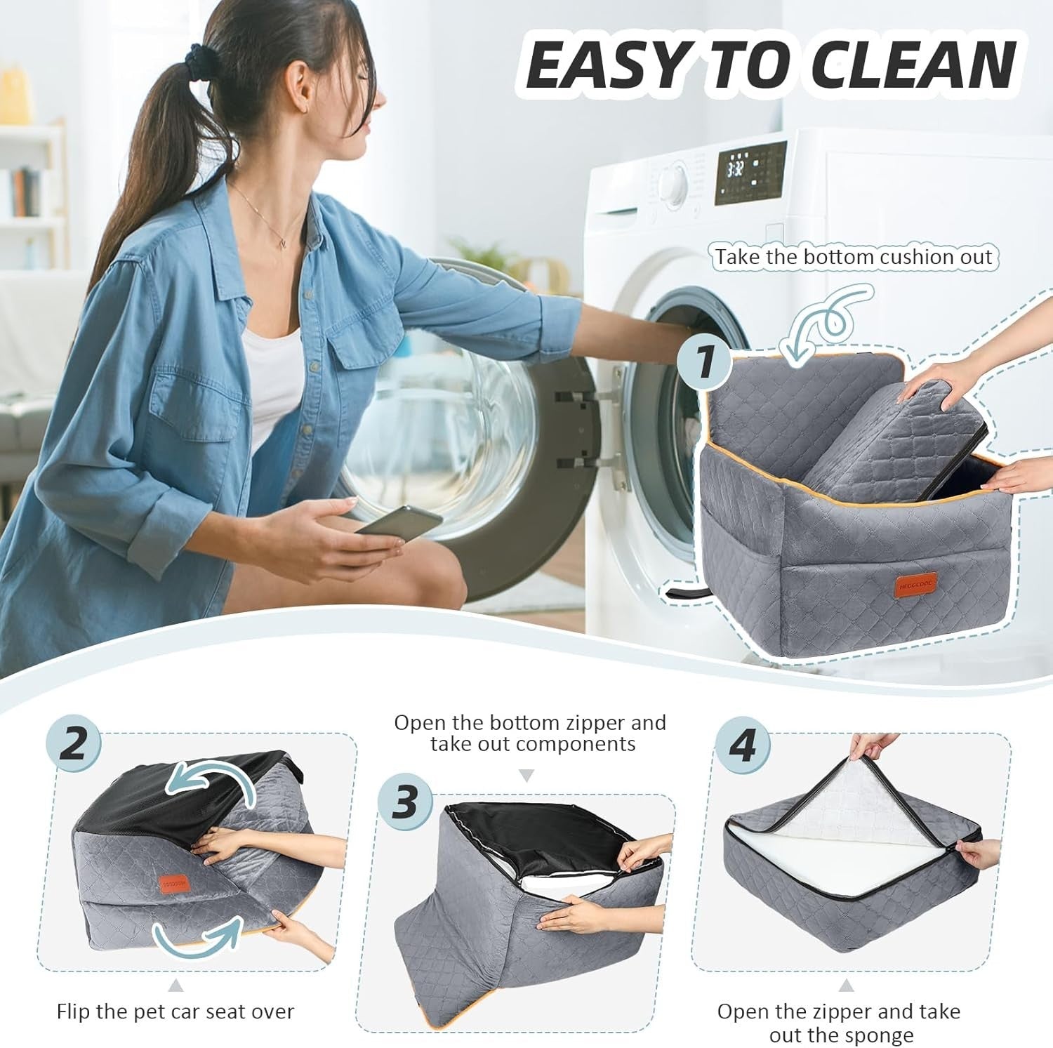 Elevated Dog Booster Car Seat Memory Foam Travel Bed Washable Grey