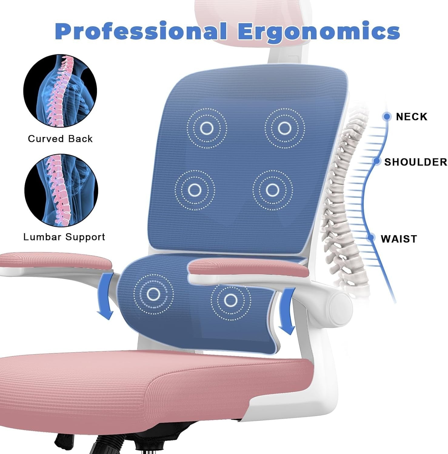 Pink Ergonomic Office Chair Mesh Back Flip-Up Armrests Adjustable Headrest Tall