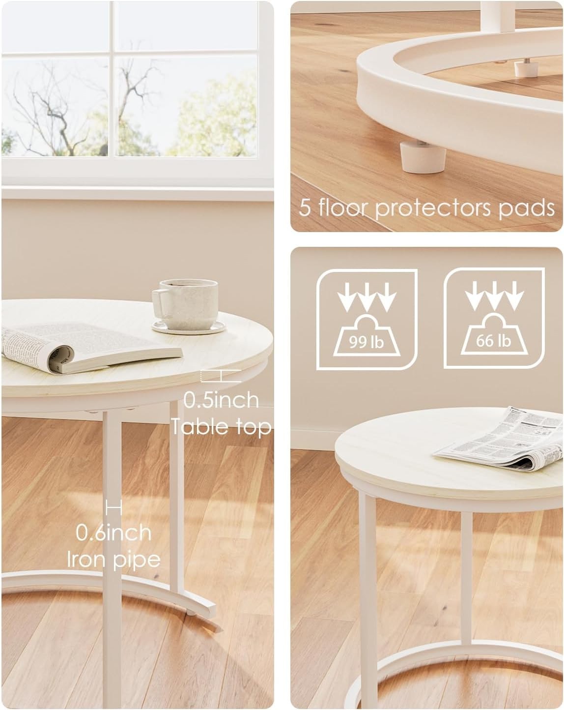 Nest of 2 Coffee Tables Set, Modern Round End Side Sofa Table, Oak/White