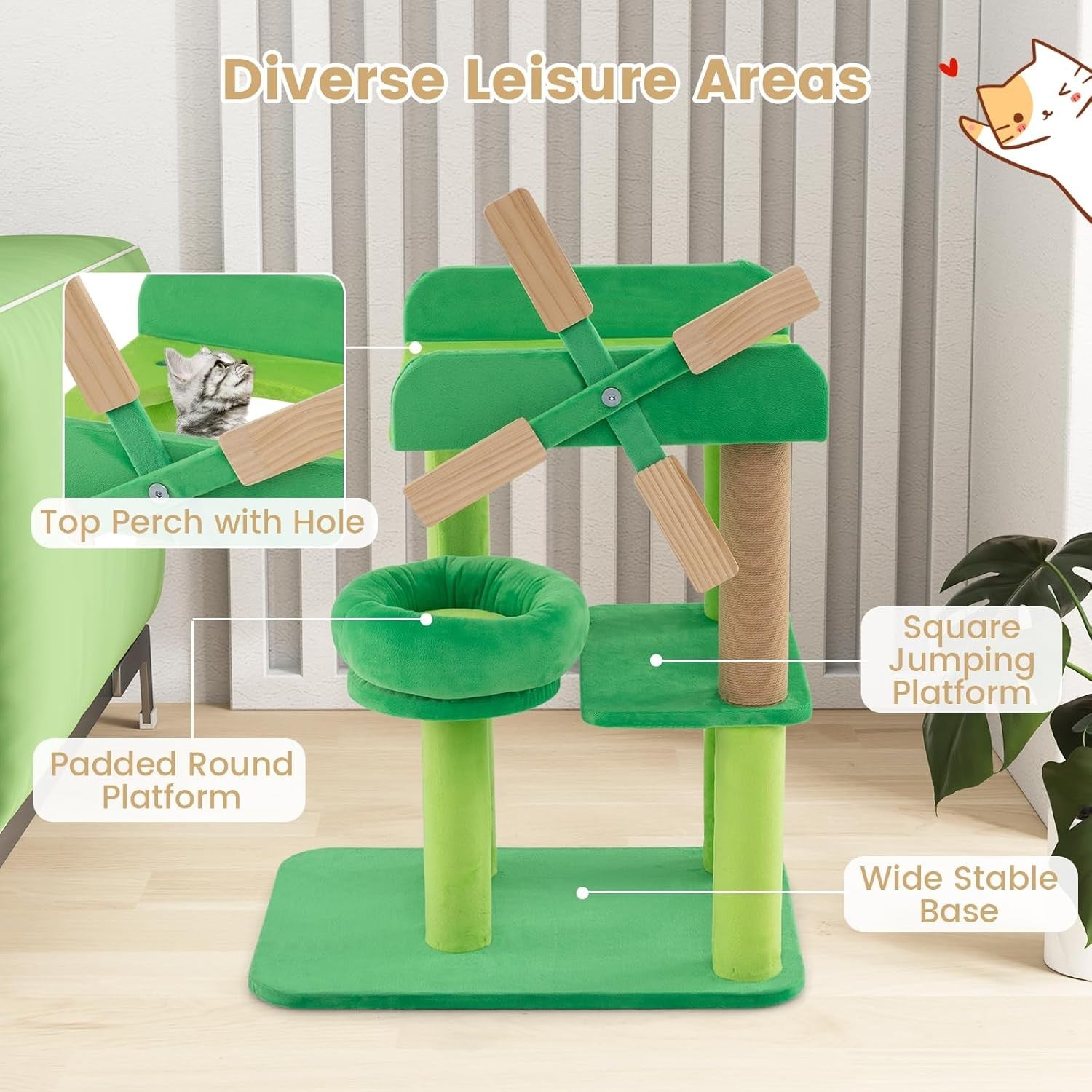 Green Windmill Cat Tree Multi-Level Scratching Tower Indoor Play Center