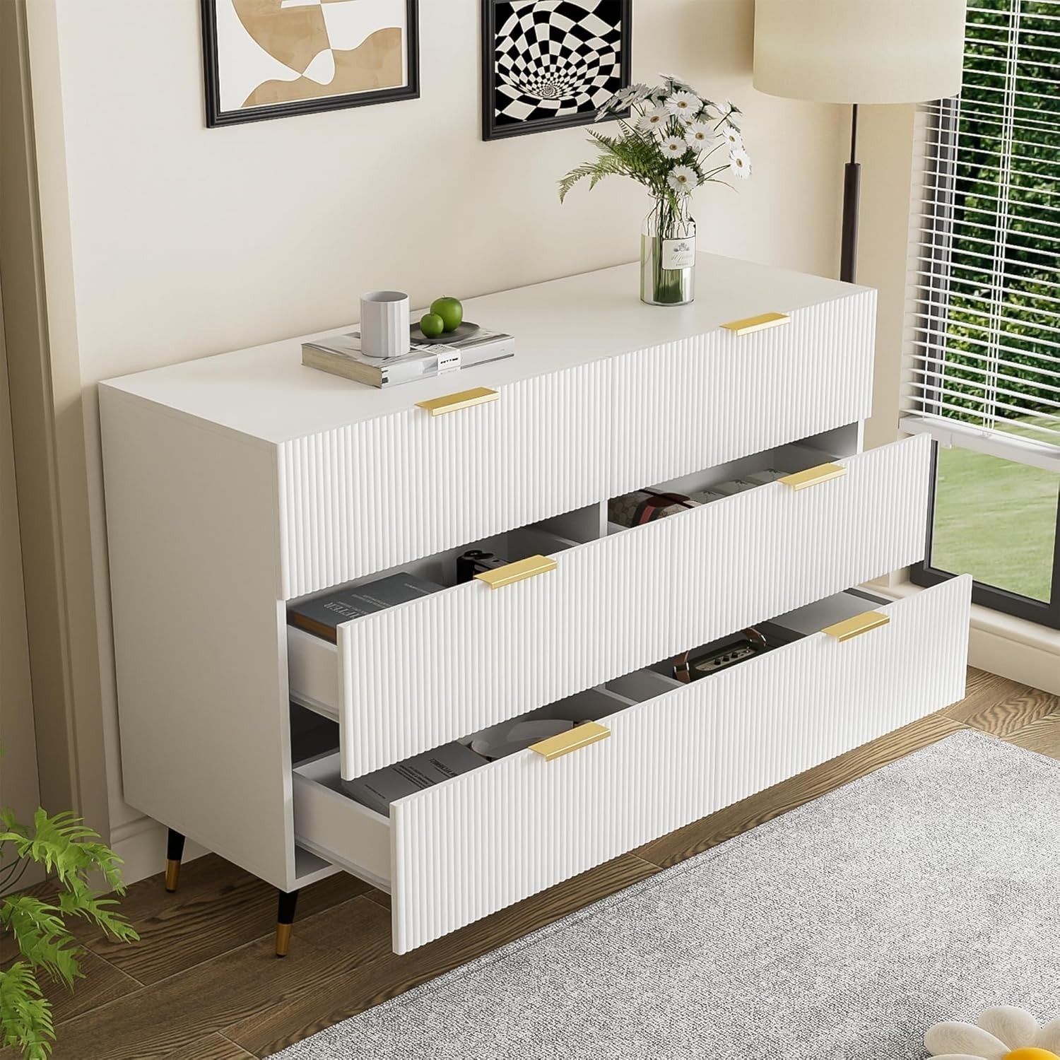 Modern White Sideboard Cabinet 6 Drawers Gold Legs Storage 120x40x77cm