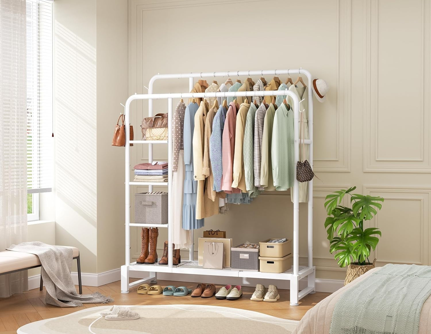Double Clothes Rail 80KG Rack With Shelves & Hooks White