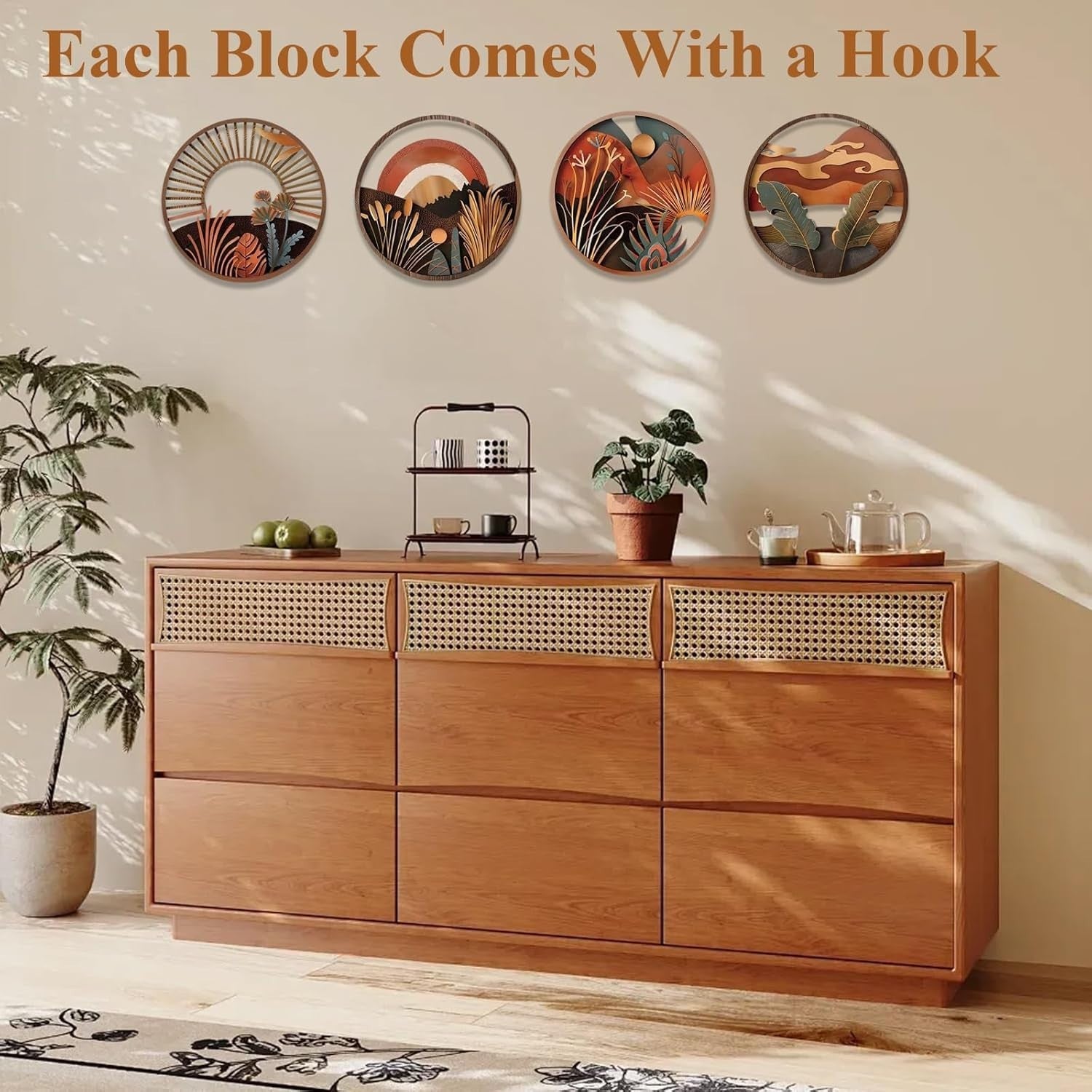 4pcs Boho Round Wooden Wall Art Hanging Decor Set