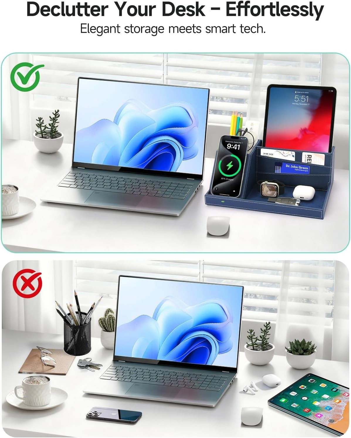 Desk Organizer with Wireless Charger, Bedside Tray, 5 Compartments