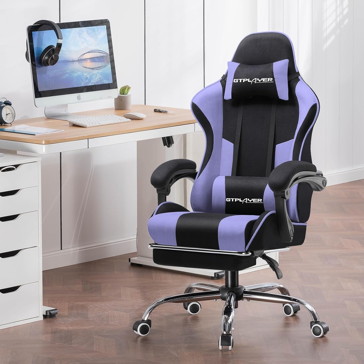 Ergonomic Gaming Chair Fabric Reclining Office Desk Swivel w/ Footrest Massage