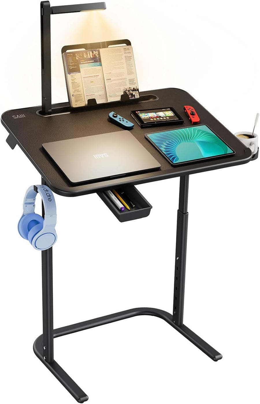 Height Adjustable Laptop Desk with LED Lamp Drawer Book Stand 65x45cm
