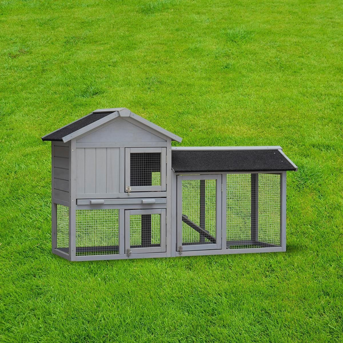 Large Rabbit Hutch with Run Outdoor Grey 2 Tier Wooden Ramp Waterproof