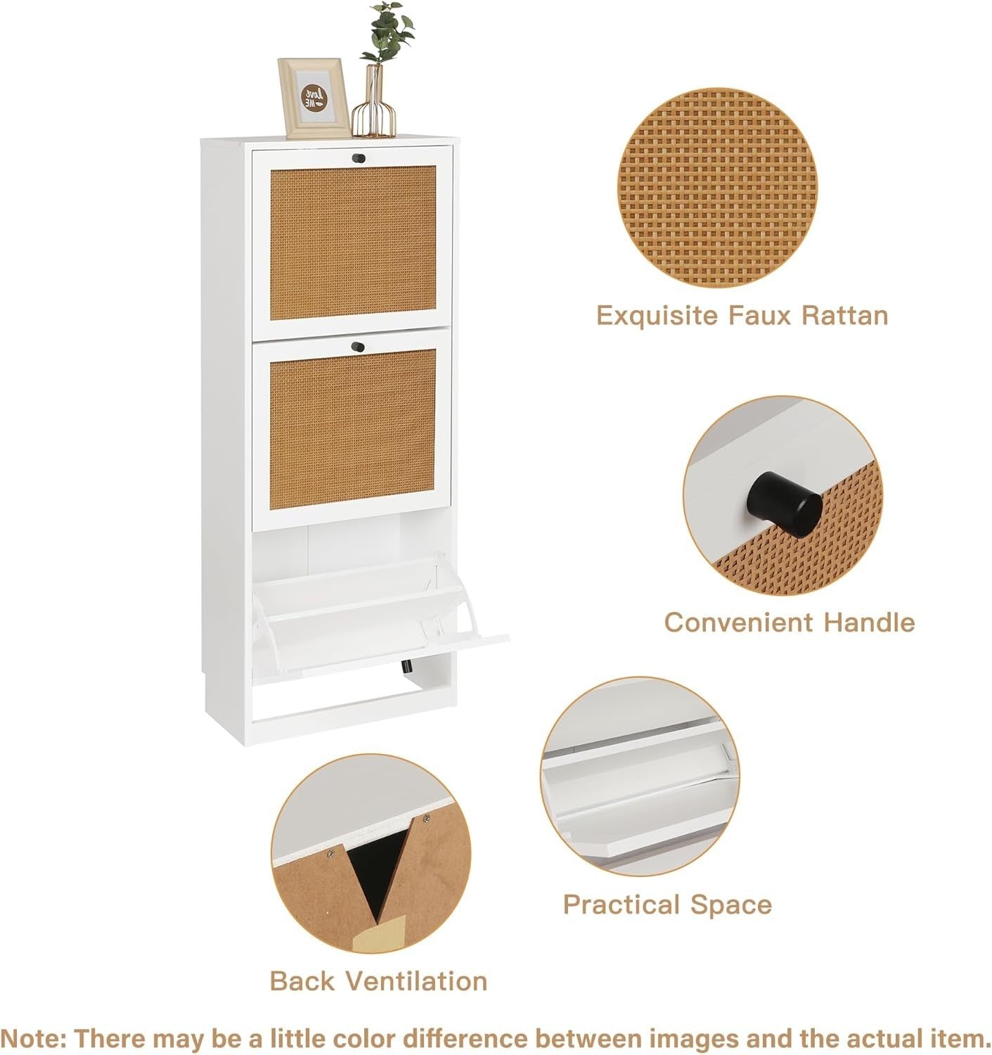 White Rattan Shoe Cabinet 3 Door Slim Storage Cupboard – Hallway Entryway