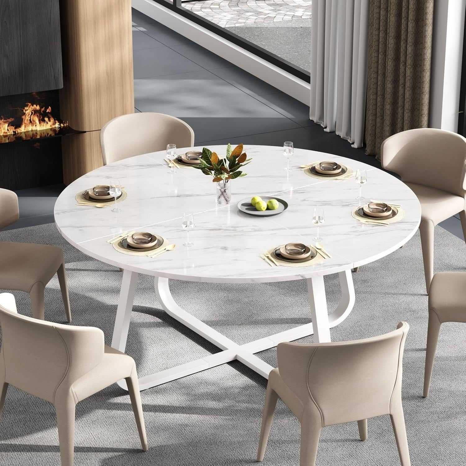 Round White Marble Dining Table 4-6 Seater Wood Metal Kitchen Home 130cm