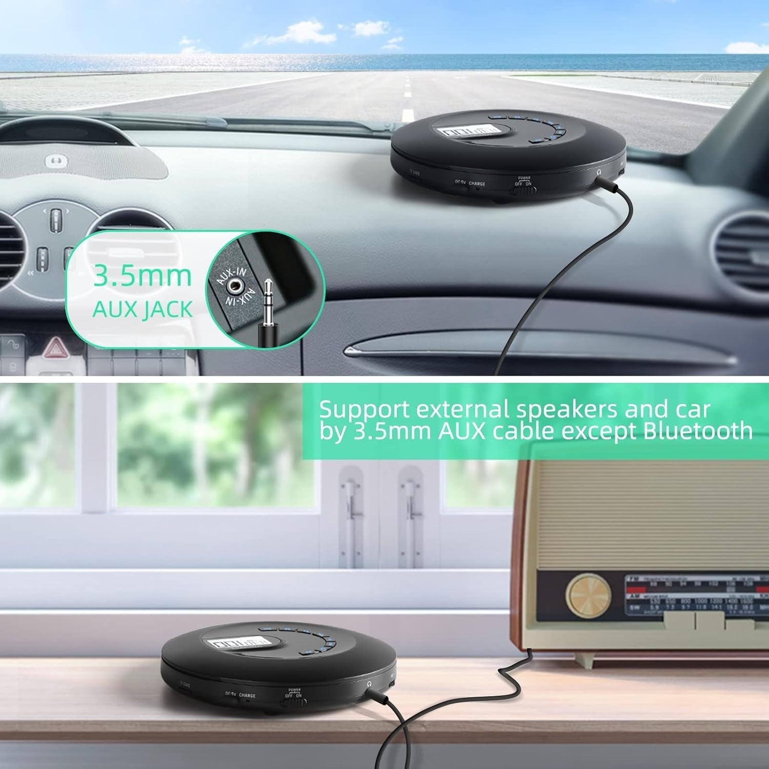 Portable Rechargeable CD Player Anti Skip LCD AUX Headphones Travel