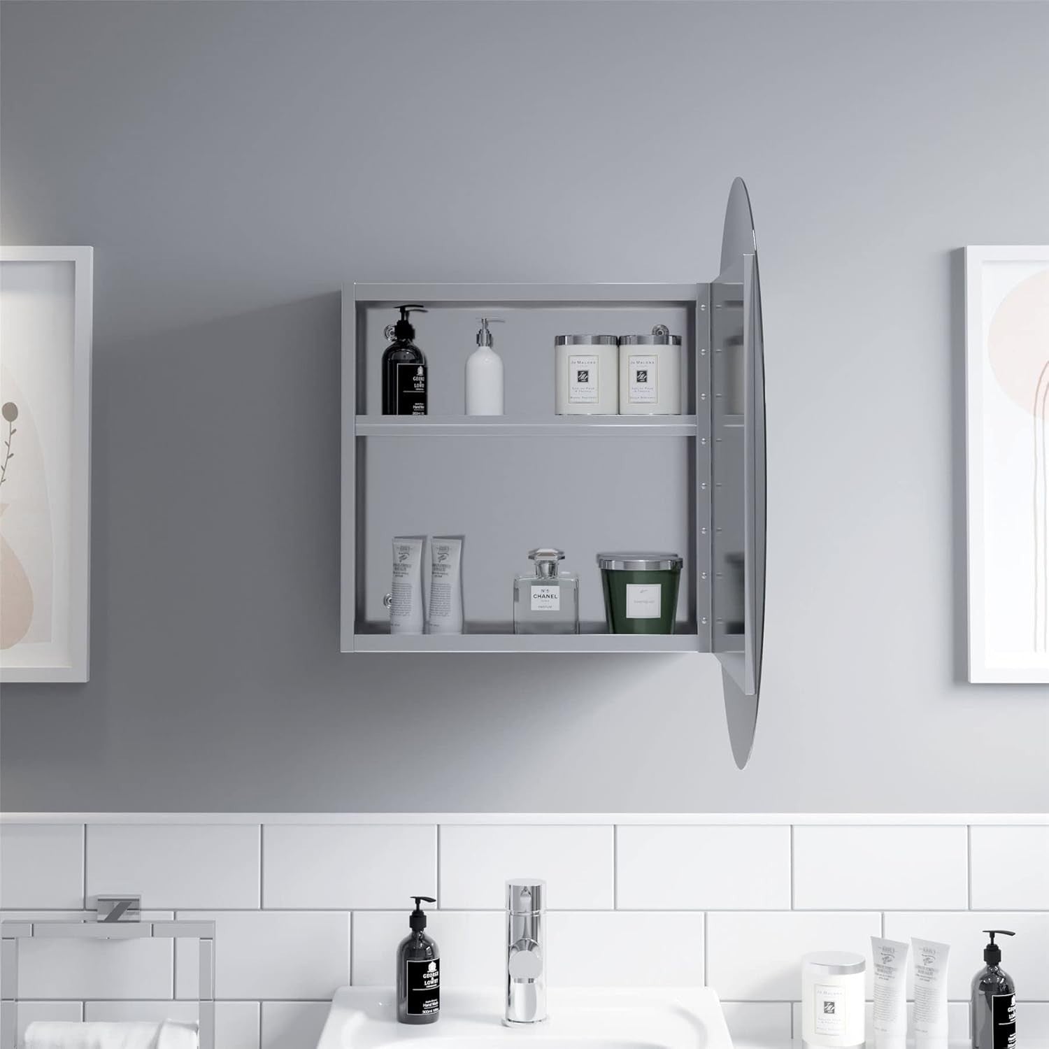600mm Round Bathroom Mirror Cabinet with Storage & Pre-Assembled Stainless Steel