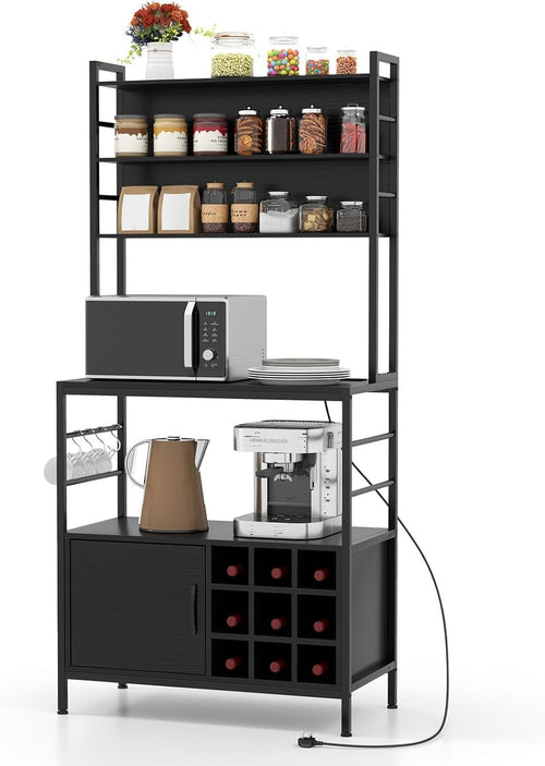 Kitchen Baker’s Rack Wine Bar Cabinet with Power Outlets, Microwave Stand