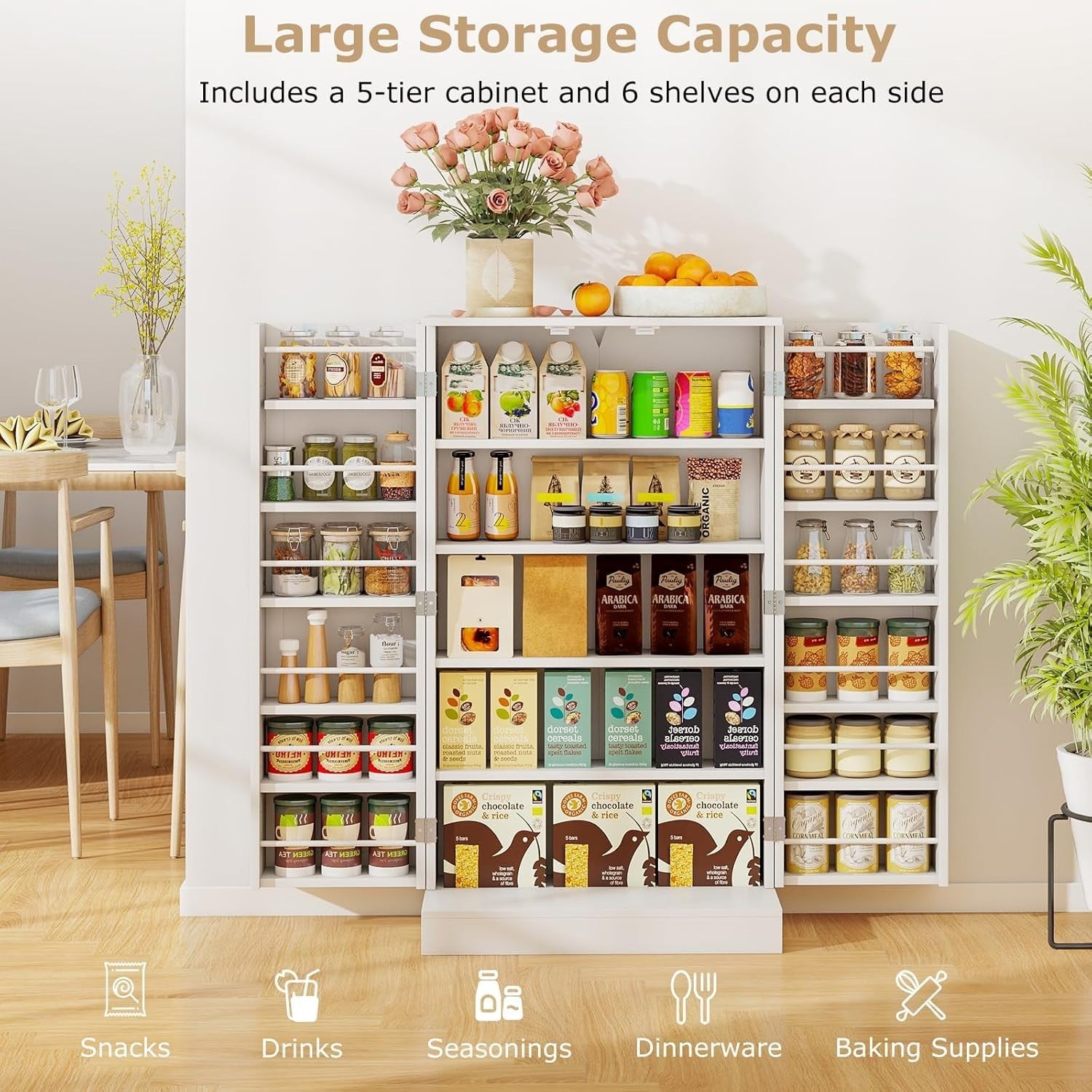 Compact White Pantry Cabinet with 2 Doors and 17 Storage Shelves