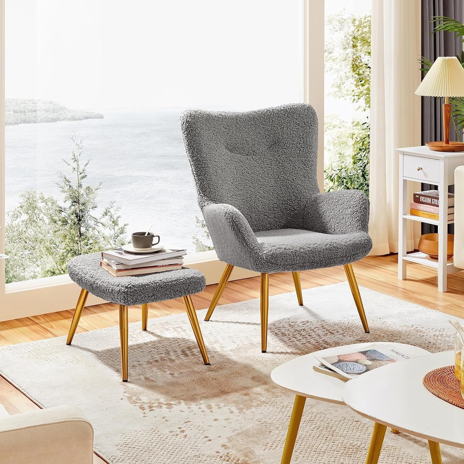 Grey Fuzzy Tub Chair with Ottoman | High Back Lounge Armchair for Living Room